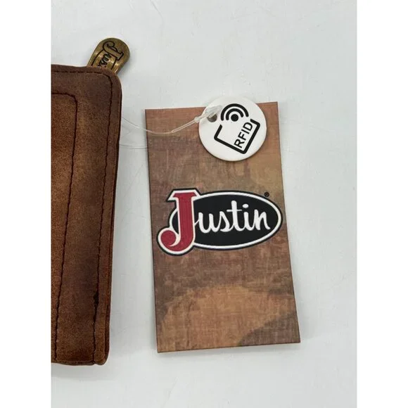 Justin Womens Wallet Bifold Metal Braided Vegan Leather Brown Western New - Picture 2 of 9